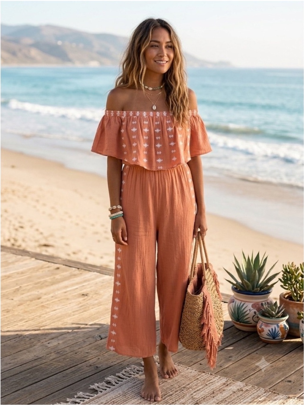 Sincerely Jules Orange strapless wide leg jumpsuit with geometric embroidery